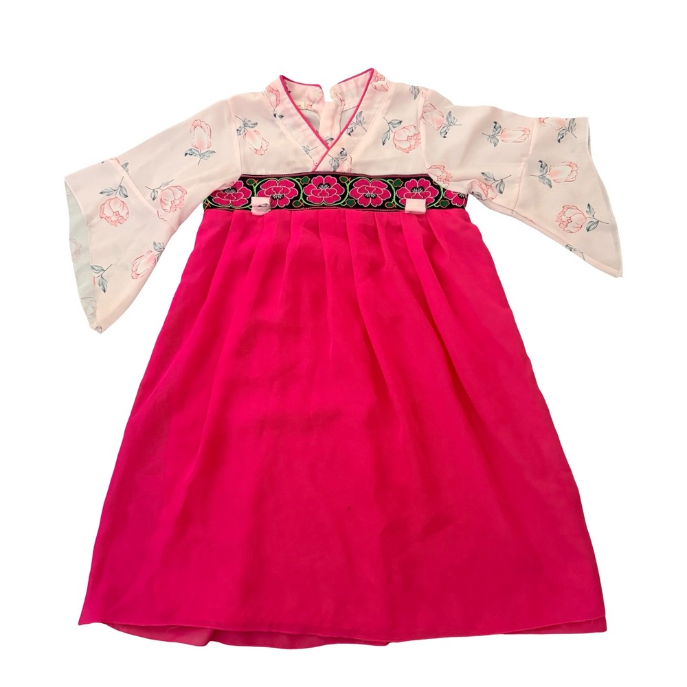Hanbok Style Dress Pink Floral Embroidered Traditional Kids 110cm